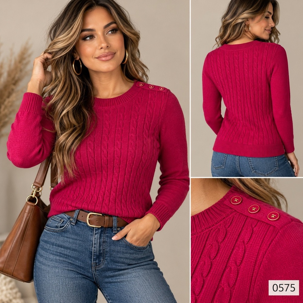 Talbots Petites Fuchsia Pink Cable Knit Button Shoulder Sweater P 0575